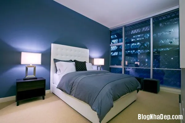 Phòng ngủ dịu mát với gam màu xanh dương
